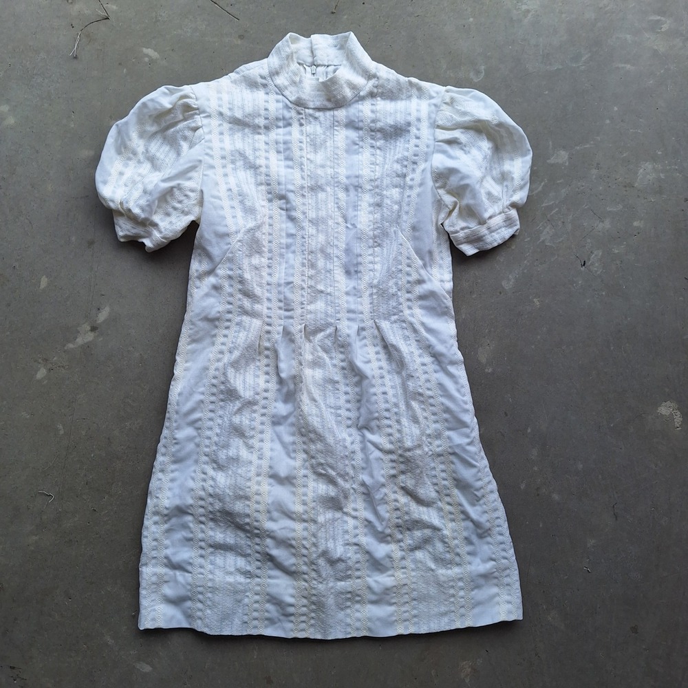Vtg Handmade White Boho Dobby Prairie Cotton Puff Sleeve Mini Dress High Neck